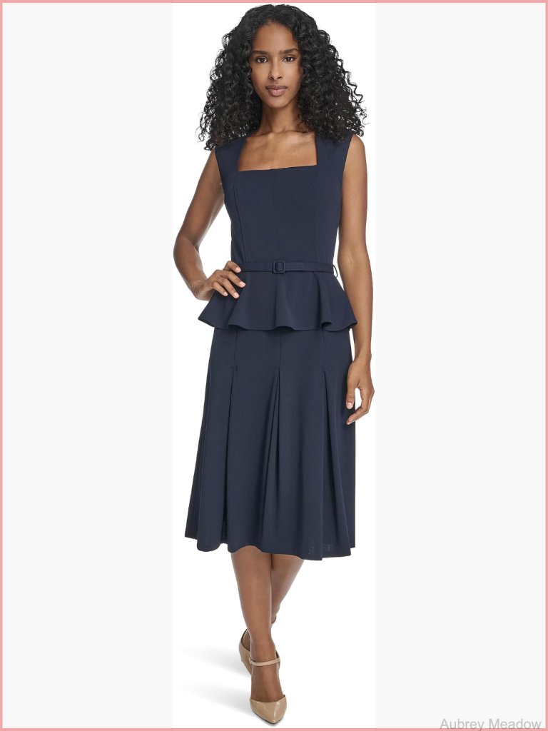 Short Sleeve Scuba Crepe Belted Peplum A-Line Midi Dress